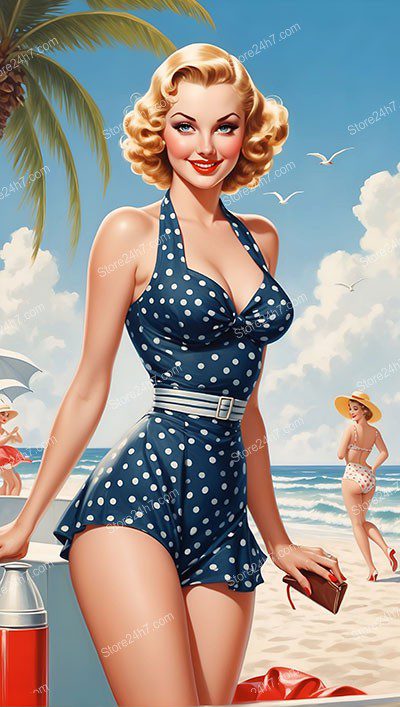 Polka-Dotted Pin-Up Girl Enjoying Sunny Beach Day