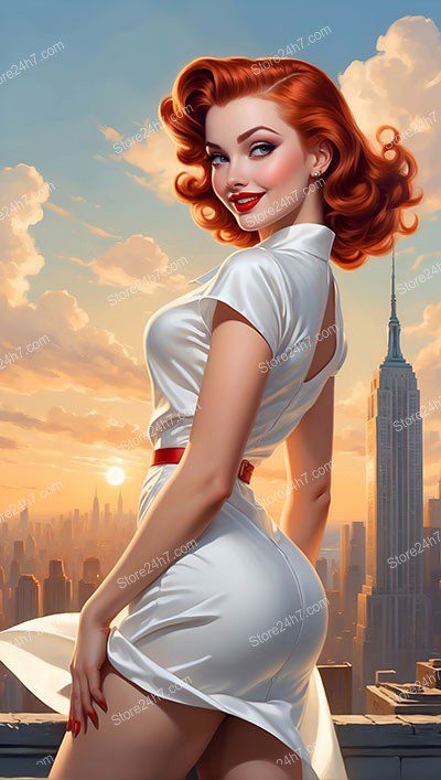 Rooftop Elegance: A Pin-Up Model Overlooks New York