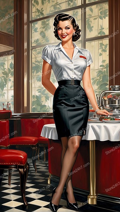 Stylish 1930s Pin-Up Waitress at Diner