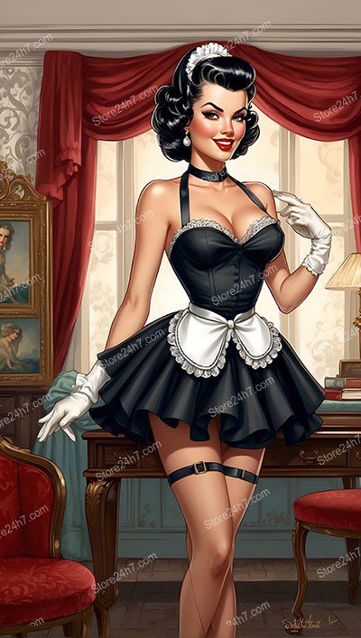 Sultry Vintage Maid: Classic Pin-Up in Stockings