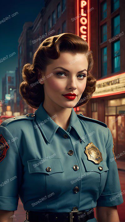 Retro Police Pin-Up in Blue Uniform