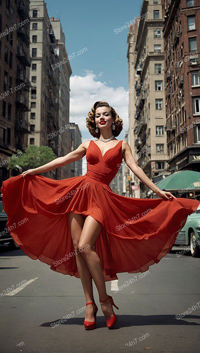 Elegant Red Dress Pin-Up City Dance