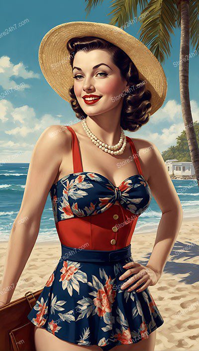 Retro Seaside Beauty: Classic Pin-Up Pose