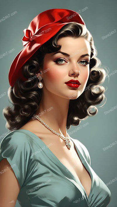 Retro Elegance in Red Hat Classic Pin-Up Portrait