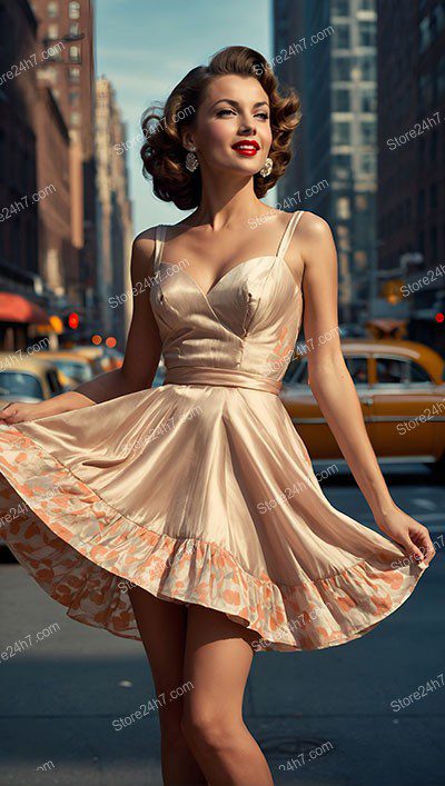 Chic Pin-Up Girl Twirling on New York Street