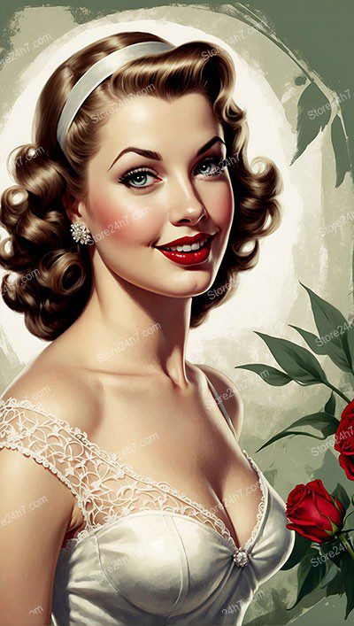 Classic Pin-Up Beauty with Roses in Satin Elegance
