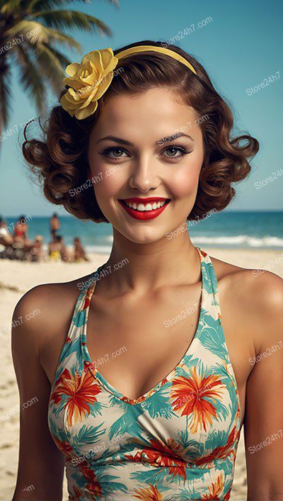 Tropical Blossom: Joyful Pin-Up Beach Portrait