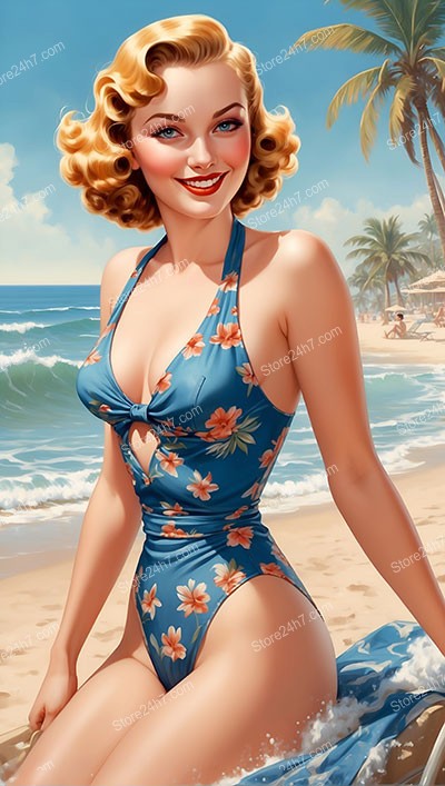 Vintage Swimsuit Beauty Basks on Sunny Beach
