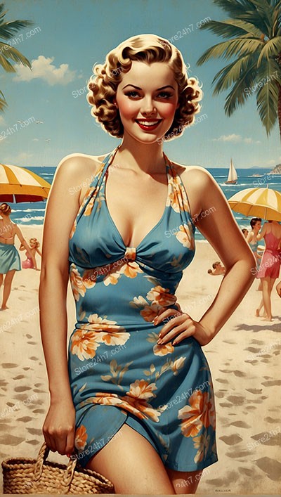 Captivating Floral Swimsuit Pin-Up Girl on Sunny Beach