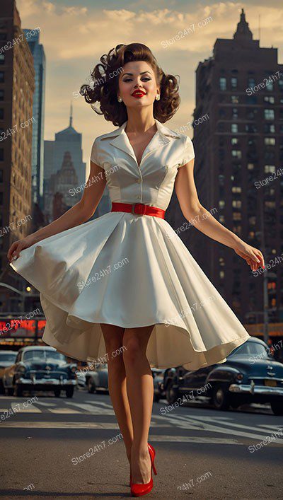 Vintage Pin-Up Girl Twirls on City Street
