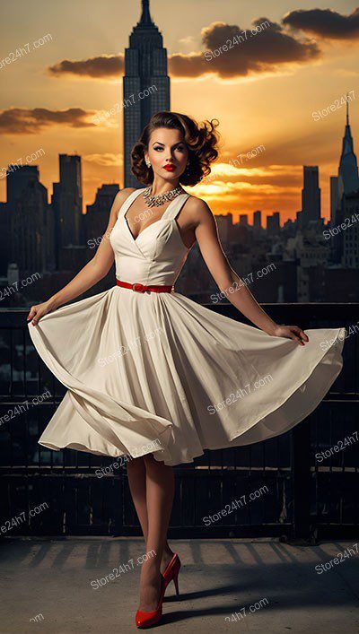 Radiant Pin-Up Girl in Sunset Cityscape