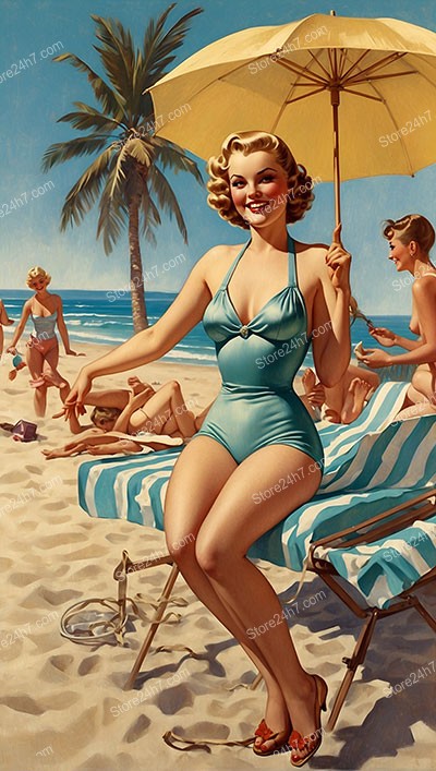 Sunny Day Delight: Vintage Pin-Up Beach Swimsuit Scene