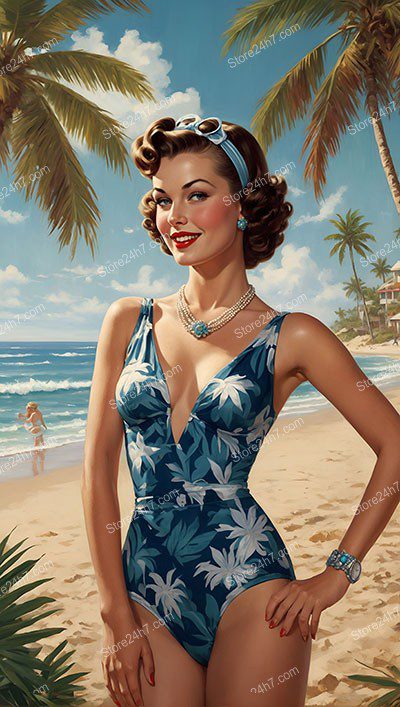 Timeless Seashore Charm in Pin-Up Illustration