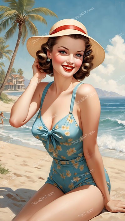 Golden Sands and Azure Skies: Beachside Pin-Up in Floral Swimsuit
