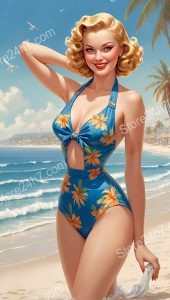Golden Age Beach Glamour: Swimsuit Pin-Up by Palms