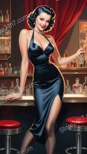 Glamorous Midnight Blue Pin-Up Lady at Bar