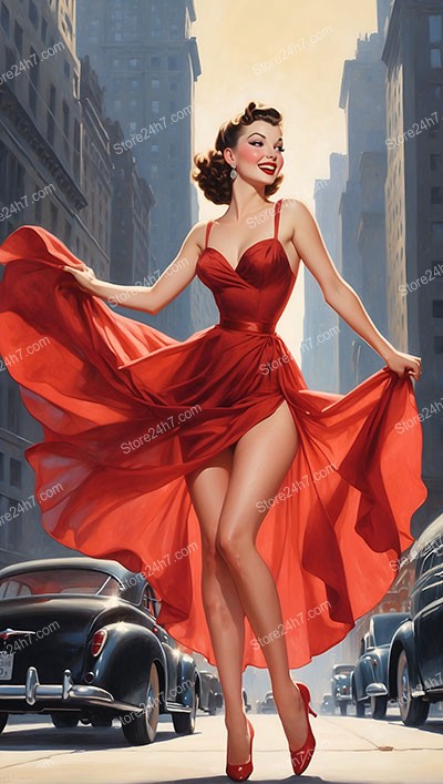 Radiant Red Dress Pin-Up Dancing on Vintage Street
