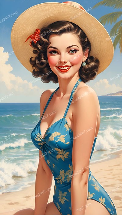 Sunny Seaside Charm: Vintage Pin-Up Girl Posing