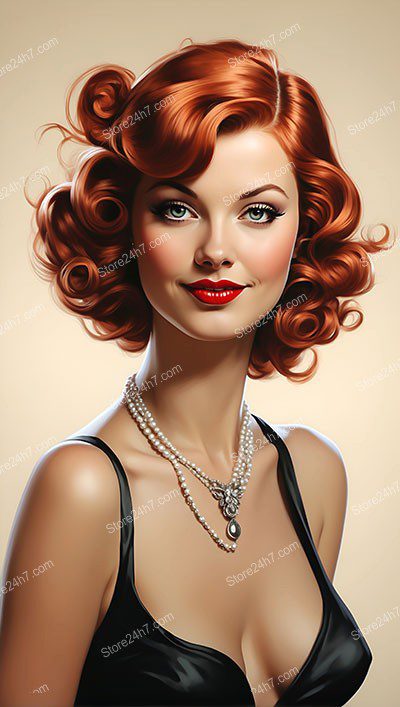 Vintage Pin-Up Girl with Pearls and Auburn Curls