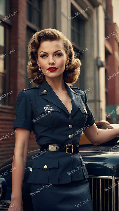 Elegant Police Pin-Up in Vintage Cityscape