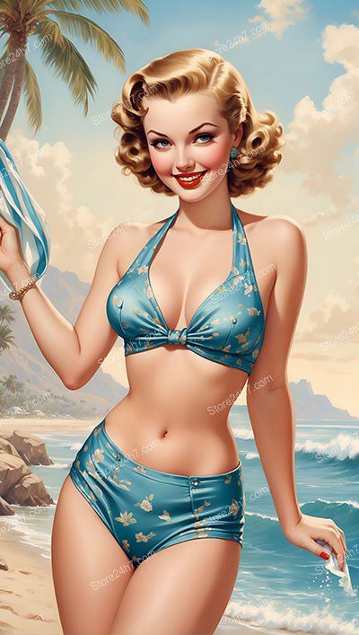 Nostalgic Pin-Up Swimsuit Girl at Tropical Beach