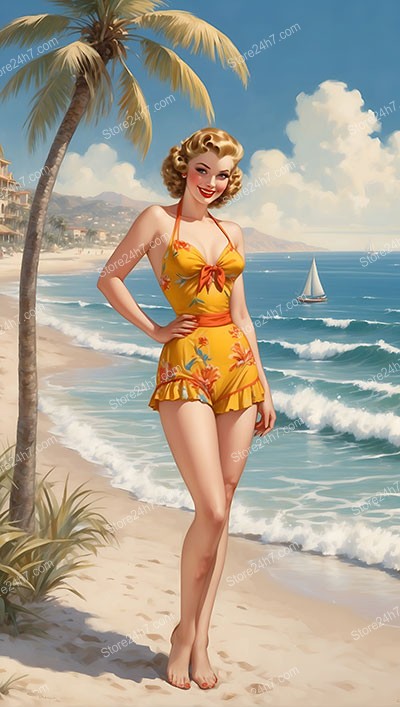 Nostalgic Coastal Bliss with Sunny Pin-Up Swimsuit Girl