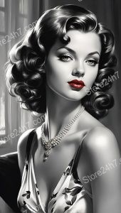 Classic Pin-Up Glamour in Monochrome with Red Accents