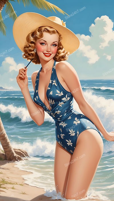 Golden Era Glamour: Pin-Up Girl on Vintage Beach