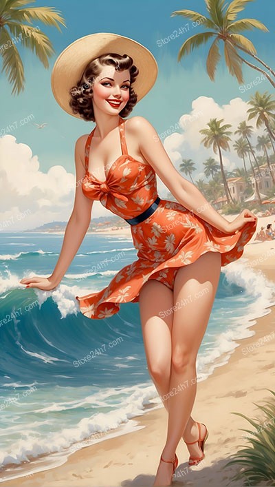 Vintage Beach Elegance: Charming Pin-Up Girl in Swimsuit