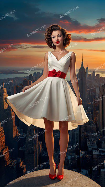 Sunset Cityscape: Pin-Up Girl's Rooftop Twirl