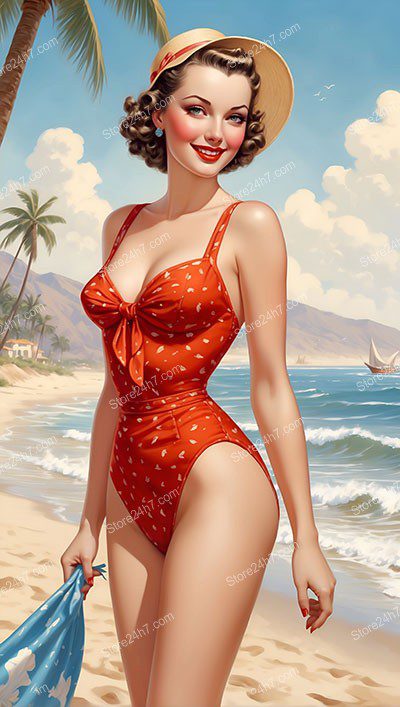 Nostalgic Seaside Glamour: Pin-Up Girl in Red Swimsuit