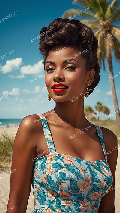 Tropical Pin-Up Beauty Embraces Seaside Bliss