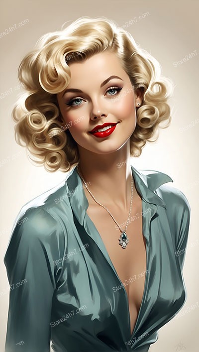 Charming Blonde Pin-Up Girl in Silk Blouse