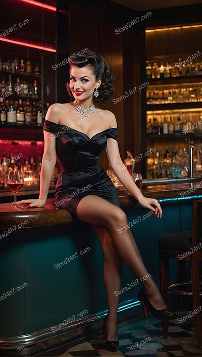 Charming Pin-Up Girl Enjoys Cozy Bar Evening
