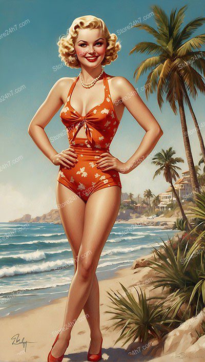 Golden Era Glamour: Beach Pin-Up in Orange Swimsuit