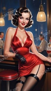 Red Dress Glamour in a Vintage Pin-Up Bar Scene