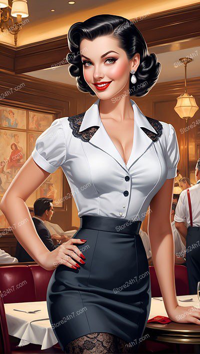 Charming 1930s Pin-Up Style Waitress Illustration