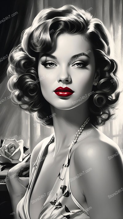 Monochrome Elegance: Vintage Pin-Up with Red Lips