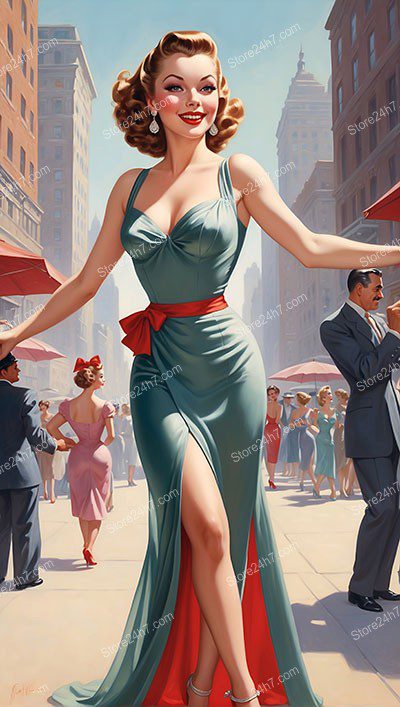 Glamorous Pin-Up Model Dancing in Urban Splendor