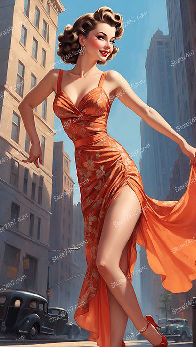 Sunset Serenade: Scarlet Dress Dancing Downtown