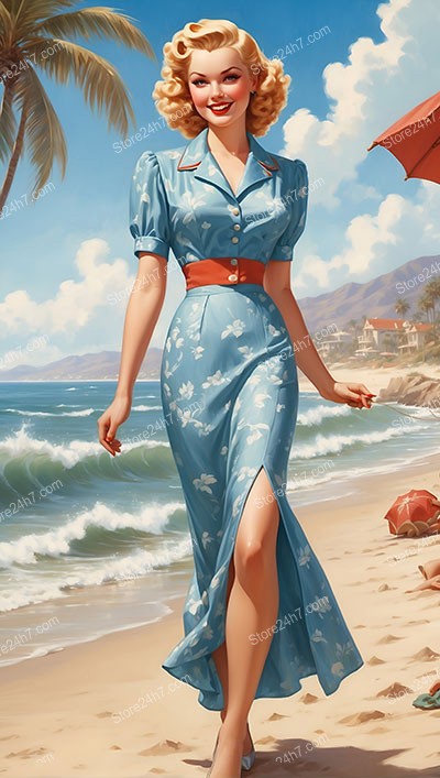 Beachside Elegance: Nostalgic Pin-Up Girl in Floral Dress