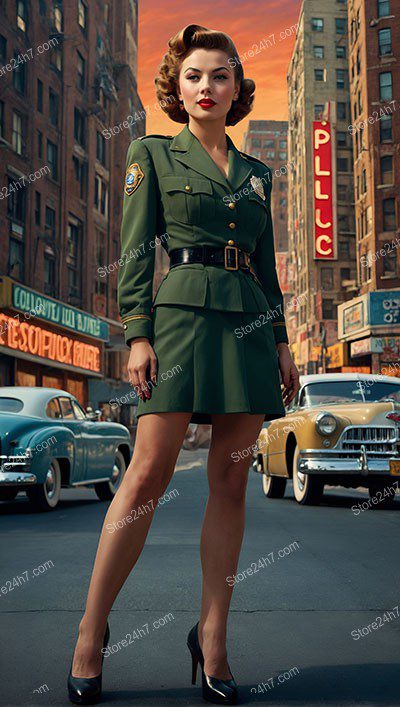 Vintage Olive Police Uniform Pin-Up Stance