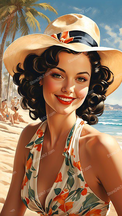 Sun-Kissed Pin-Up Girl Captivates at Vintage Beach