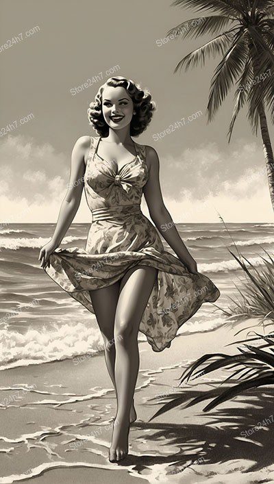 Retro Beach Elegance: Pin-Up Girl by the Sea