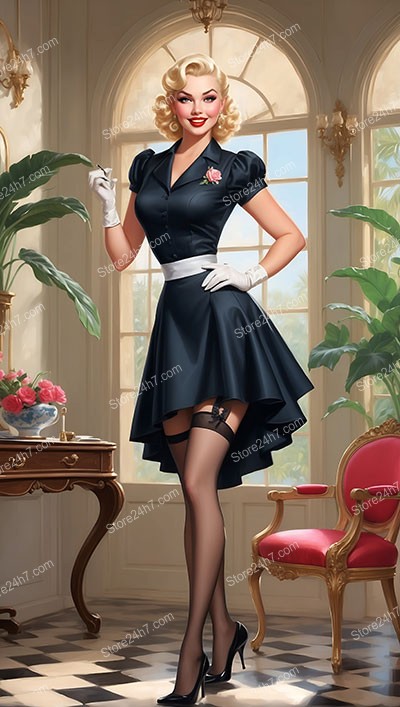 Elegant Maid's Playful Charm in Vintage Pin-Up Style
