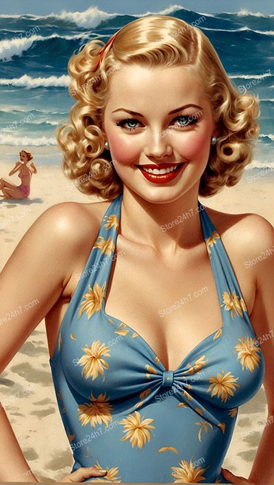 Sunny Pin-Up Girl on Vintage Floral Swimsuit Beach