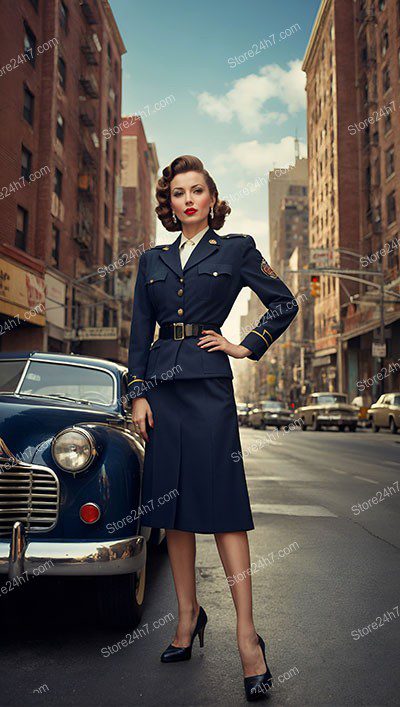 Classic Police Pin-Up Against City Backdrop