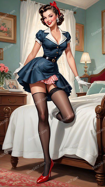 Classic Pin-Up Maid: Elegance in Navy and Red