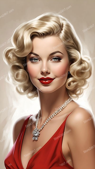 Timeless Red Gown and Pearls Pin-Up Lady Portrait