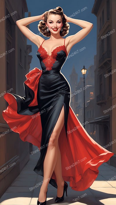 Timeless Glamour: Pin-Up Lady Dancing on Vintage Street